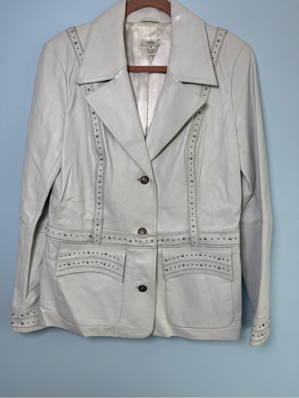 Cache Cream Leather Jacket with Stud Detailing
